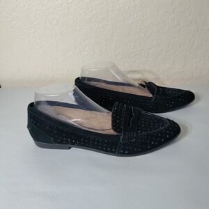 J.Crew Black Suede Studded Penny Loafers Pointed Toe Flats Size 10